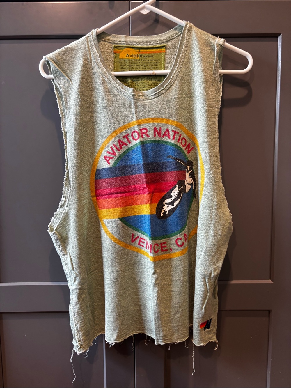 Aviator Nation retro destroyed muscle tank- sz lrg faded green